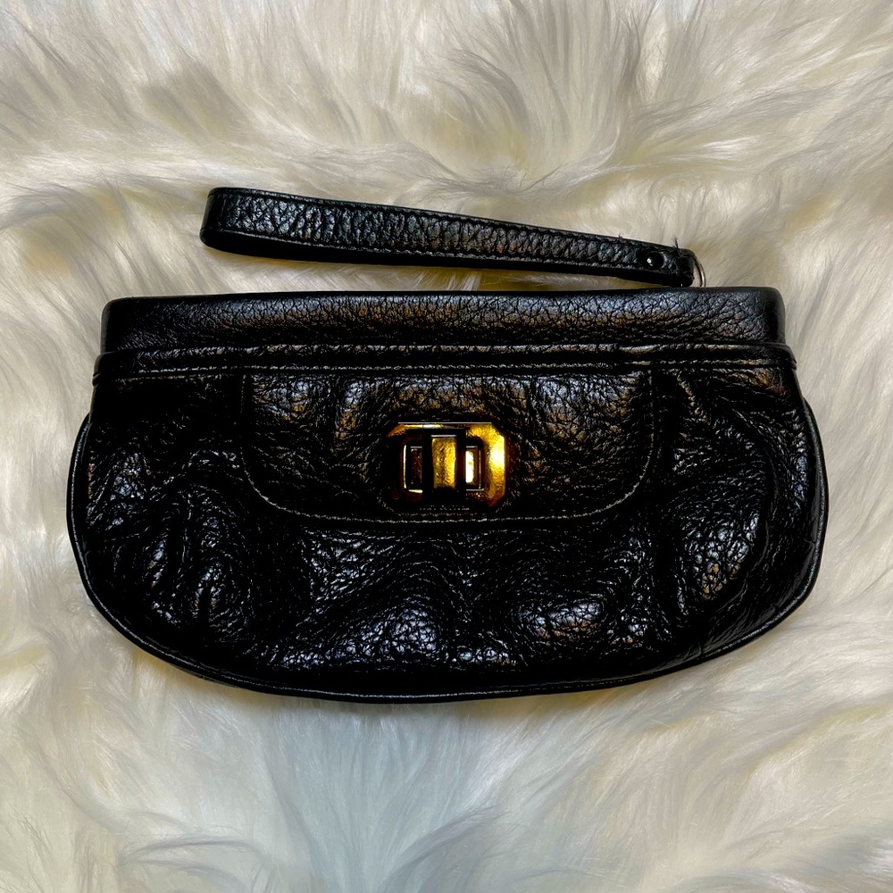100% Leather Wristlet Purse, Vintage Minimalist Clutch, Juicy Couture, Black